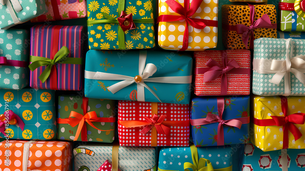 A stack of beautifully wrapped colorful gift boxes with ribbons. A stack of beautifully wrapped colorful gift boxes with ribbons.