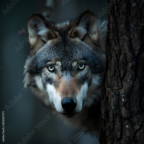 A fierce wolf with glowing eyes peeking from behind a tree in a dark forest.