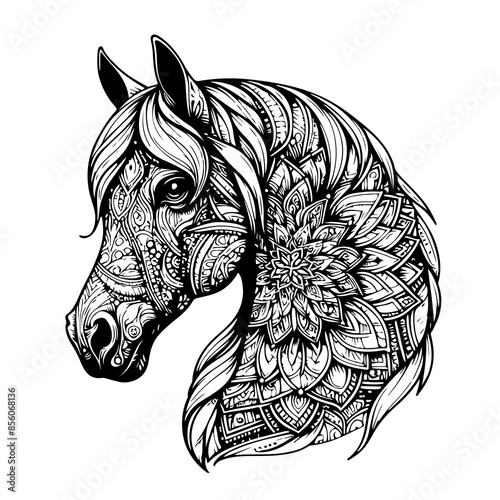 Patterned Arabian Horse Head Adult Coloring Page Floral Mandala Horse Coloring Page Zentangle Horse Coloring Page Closeup