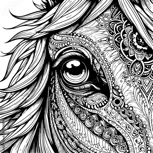 Closeup Patterned Horse Eye Adult Coloring Page Floral Mandala Horse Coloring Page Zentangle Horse Coloring Page