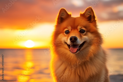 Portrait of a smiling finnish spitz while standing against vibrant beach sunset background