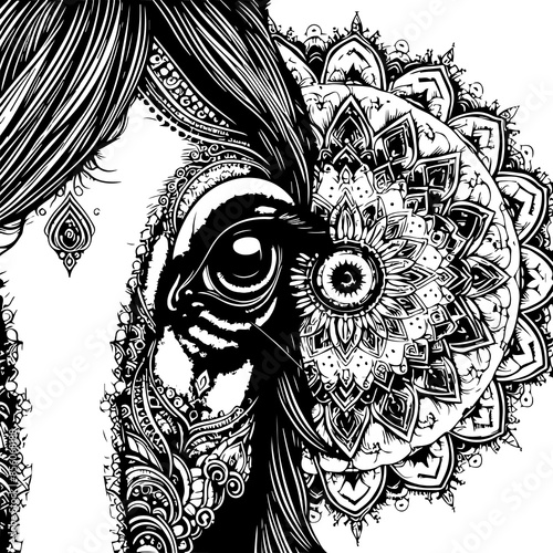 Closeup Patterned Horse Eye Adult Coloring Page Floral Mandala Horse Coloring Page Zentangle Horse Coloring Page photo