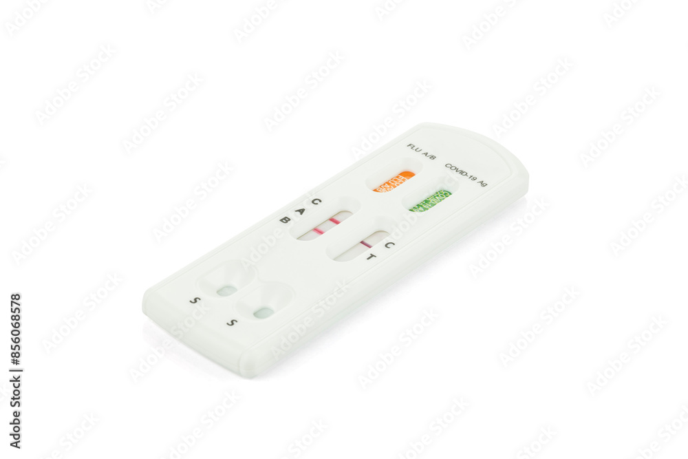Influenza A virus positive test result by using influenza test kit isolated on white background with clipping path. Influenza A virus positive test result by using influenza test kit isolated on white background with clipping path.