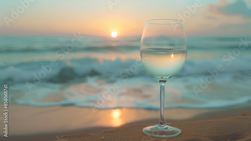 A glass of white wine on a beach, with the sun setting over the ocean, creating a serene and picturesque scene.