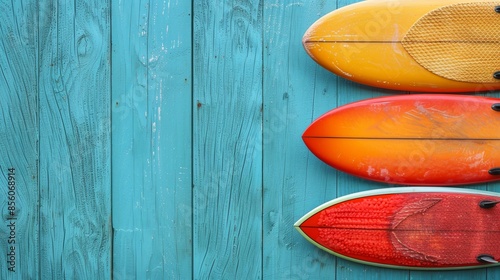 Closeup view of surfing boards over wooden background