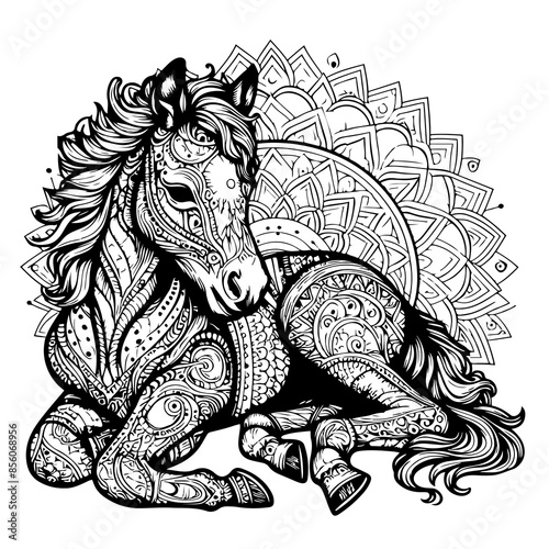 Patterned Baby Horse Foal Laying Down Coloring Page Mandala Baby Horse Foal Sleeping Coloring Page Zentangle Horse Coloring Page
