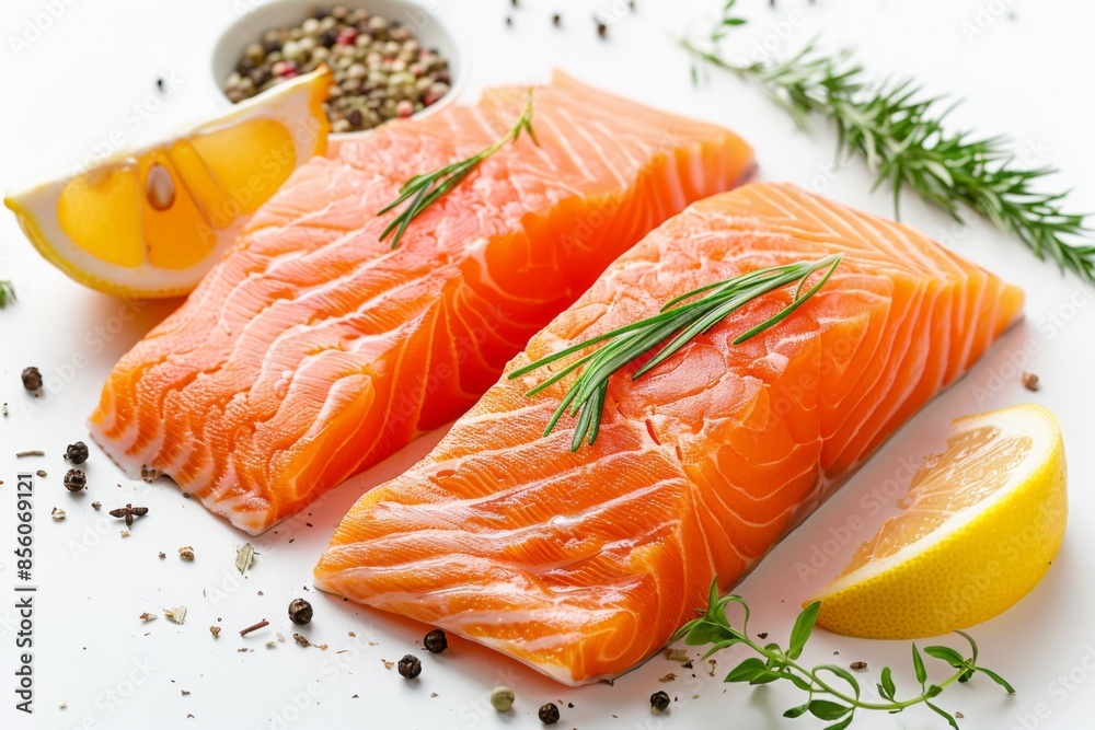 Fresh Salmon Fillets with Herbs and Lemon on White Background Fresh Salmon Fillets with Herbs and Lemon on White Background