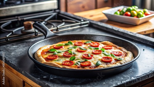 Pizza baking in a pan on a stovetop, Pizza, pan, cooking, homemade, meal preparation, food, dinner, Italian, cheese