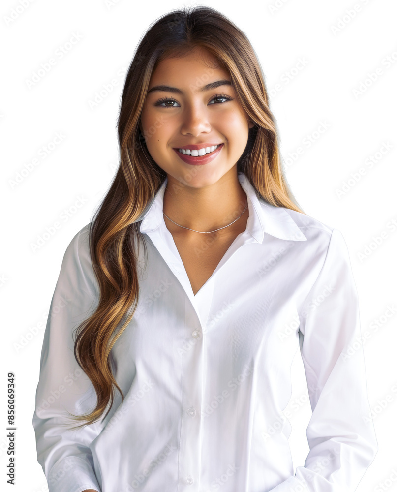Smiling young Asian woman with long hair wearing a white shirt, posing confidently against a transparent background. Smiling young Asian woman with long hair wearing a white shirt, posing confidently against a transparent background.