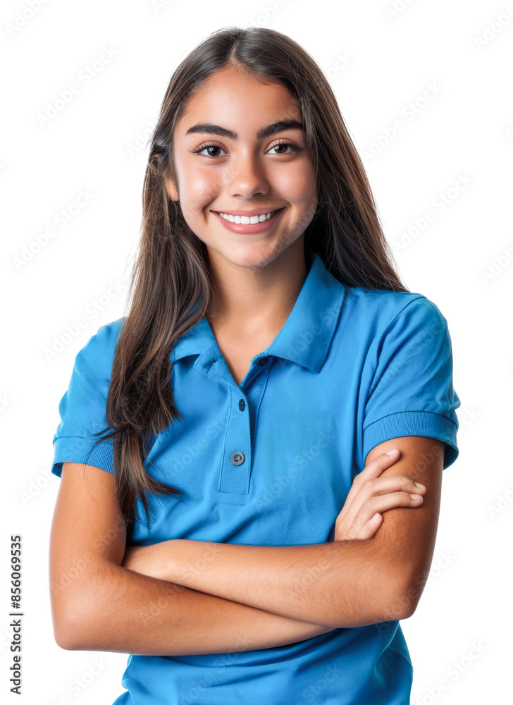 Smiling Hispanic teenage girl wearing a blue polo shirt, arms crossed, posing confidently against a transparent background. Smiling Hispanic teenage girl wearing a blue polo shirt, arms crossed, posing confidently against a transparent background.