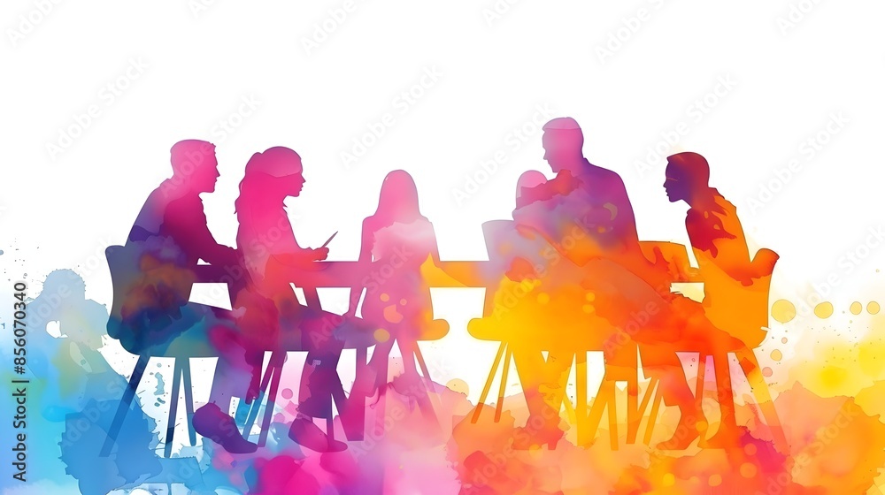 Obraz premium Vibrant Watercolor Style Business Team Brainstorming and Collaborating
