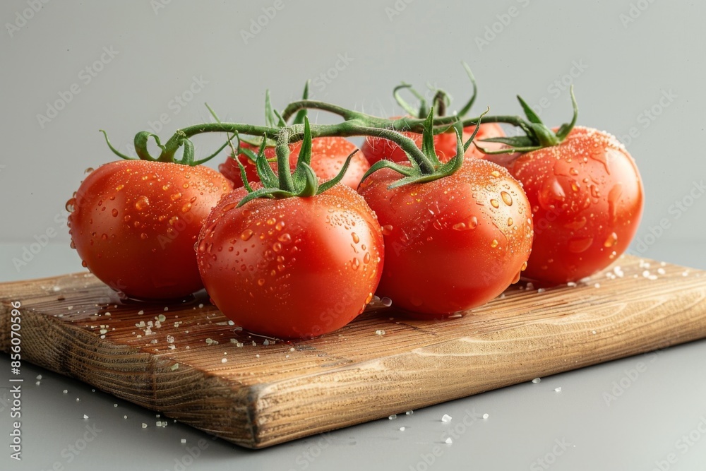 Fresh Red Tomatoes with Water Droplets on Wooden Board