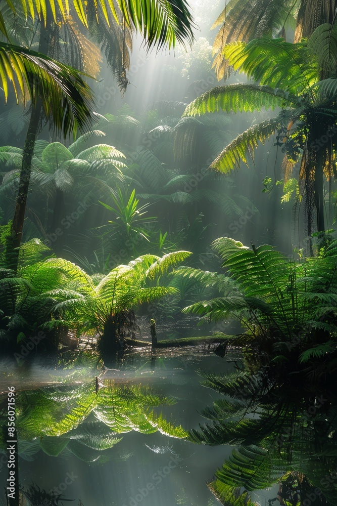 Deep tropical rainforest with green plants, moss, ferns. Deep tropical rainforest with green plants, moss, ferns.