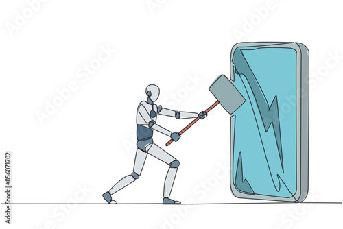 Single continuous line drawing smart robotic preparing to hit big smartphone with hammer. Technology can destructive if not use properly. Intelligence is required. One line design vector illustration