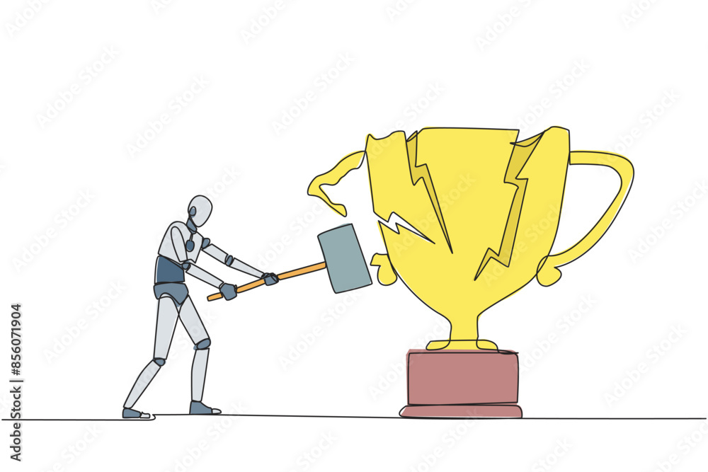 Single one line drawing smart robot preparing to hit the big trophy ...