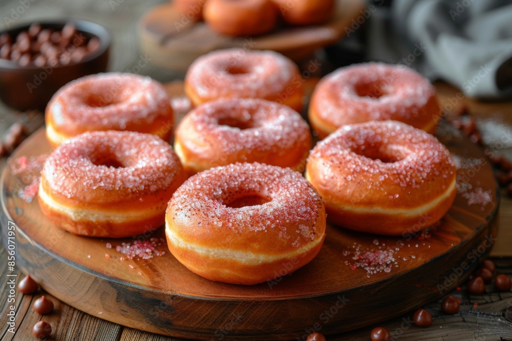 Delicious Sugar-Coated Donuts on Wooden Platter Delicious Sugar-Coated Donuts on Wooden Platter