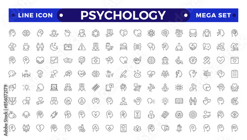 Psychology and mental line icons collection. Big UI icon set in a flat design.Set of positive thinking icon. It contains self-care, optimism, love, a healthy lifestyle, and happiness Outline icon set.