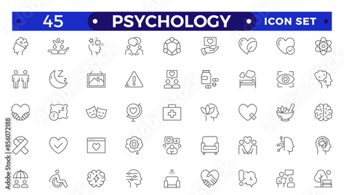 Psychology and mental line icons collection. Big UI icon set in a flat design.Set of positive thinking icons. It contains self-care, optimism, love, ahealthy lifestyle, and happiness Outline icon set. photo