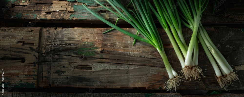 Fresh green onions on rustic wooden background Fresh green onions on rustic wooden background