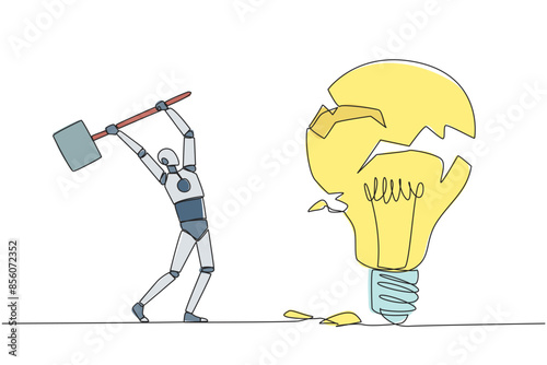 Single continuous line drawing smart robot preparing to hit a big lightbulb. The thrashing anger. Failed to secure a brilliant business idea. Destruction. Rampage. One line design vector illustration