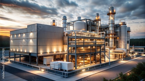 A modern, white, high-tech hydrogen production plant with illumination at dawn