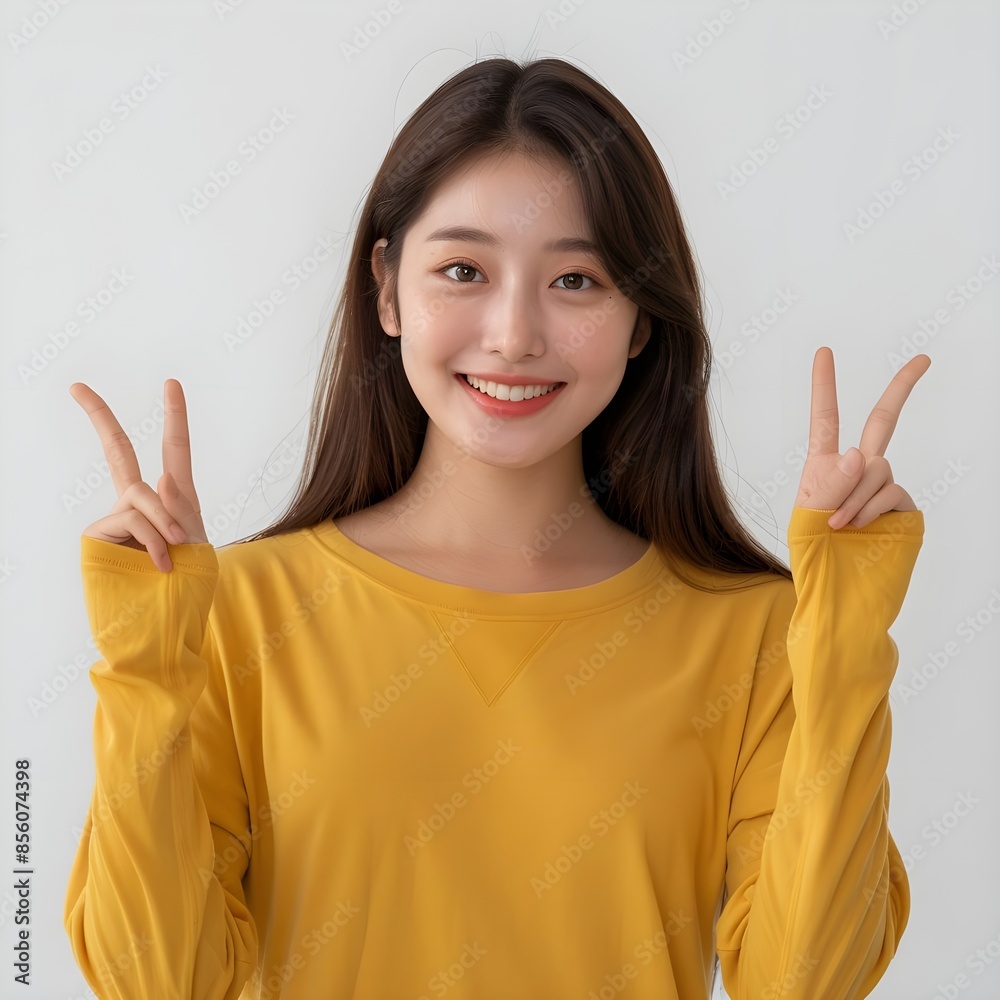 Happy Smile Asian Korean Young Woman Victory Fingers Pointing Up Happy Smile Asian Korean Young Woman Victory Fingers Pointing Up