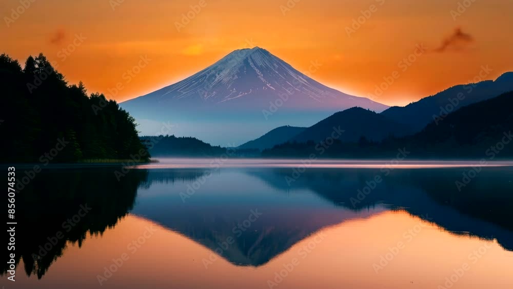 Summer twilight over tranquil mountain and lake, time-lapse orange sky clouds Summer twilight over tranquil mountain and lake, time-lapse orange sky clouds