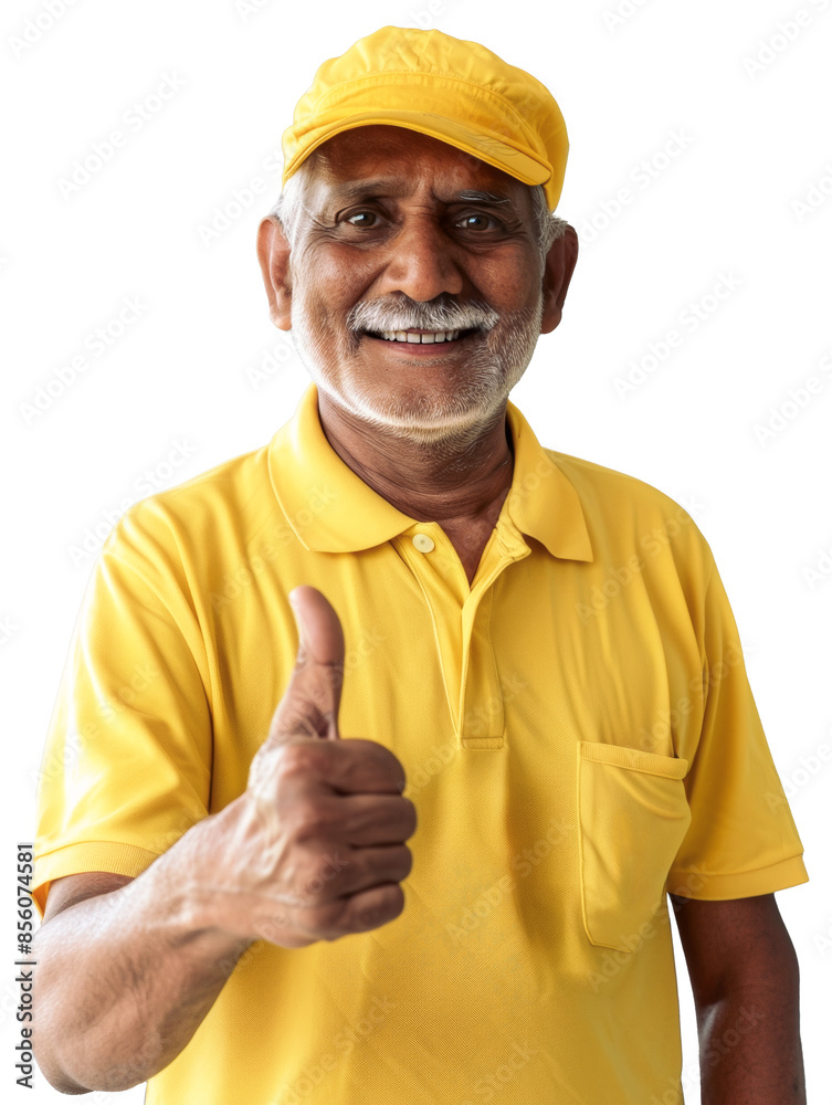An older Indian man in a yellow uniform, smiling and giving a thumbs up, against a transparent background. An older Indian man in a yellow uniform, smiling and giving a thumbs up, against a transparent background.