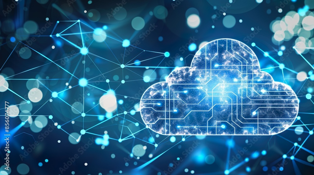 Futuristic Cloud Network With Glowing Blue And Pink Cloud Icons On Digital Grid 