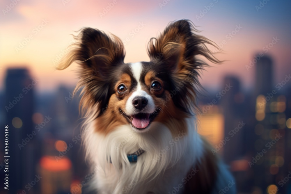 Portrait of a cute papillon dog in front of modern cityscape background Portrait of a cute papillon dog in front of modern cityscape background