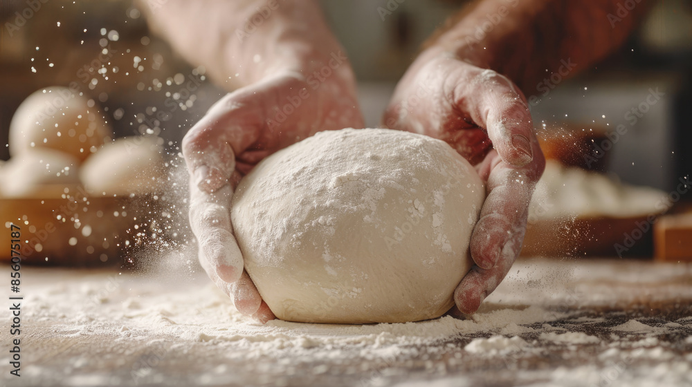 Baker Shaping Dough with Floury Hands on table Baker Shaping Dough with Floury Hands on table