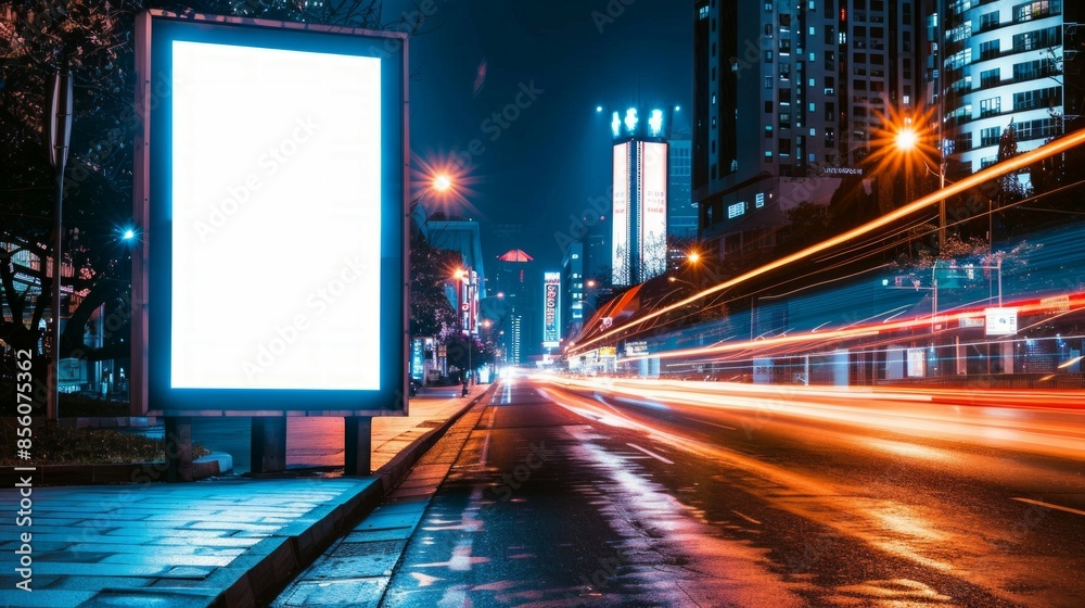 Empty Vertical space advertisement board, blank white signboard on roadside in city, night. Empty Vertical space advertisement board, blank white signboard on roadside in city, night.
