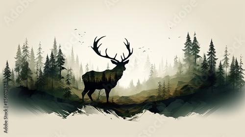 Illustration of silhouette of deer, wild animals. Hunting or protecting animals photo