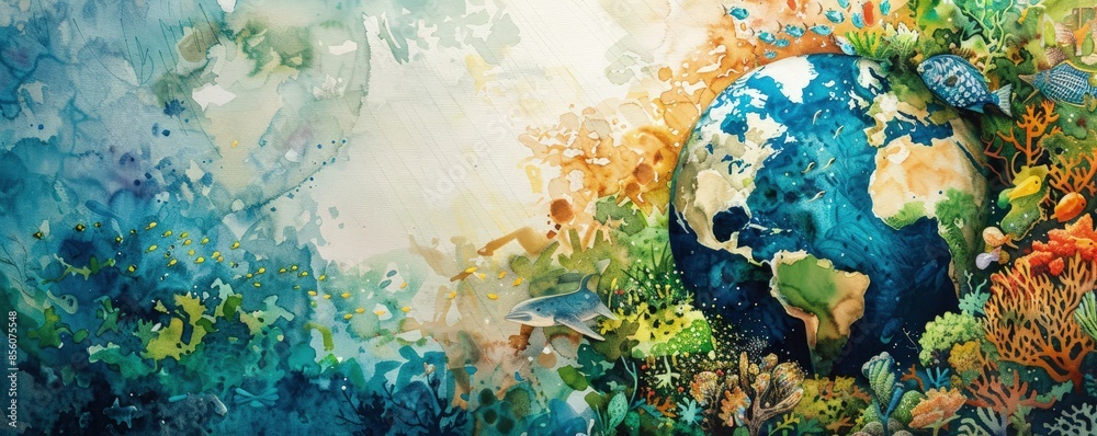Naklejka premium A painting of a blue and green Earth with a blue ocean and green plants. The painting is titled 