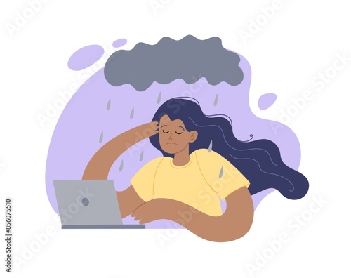 Sad and tired woman with raining cloud over her head. Depression concept. Vector illustration in simple style