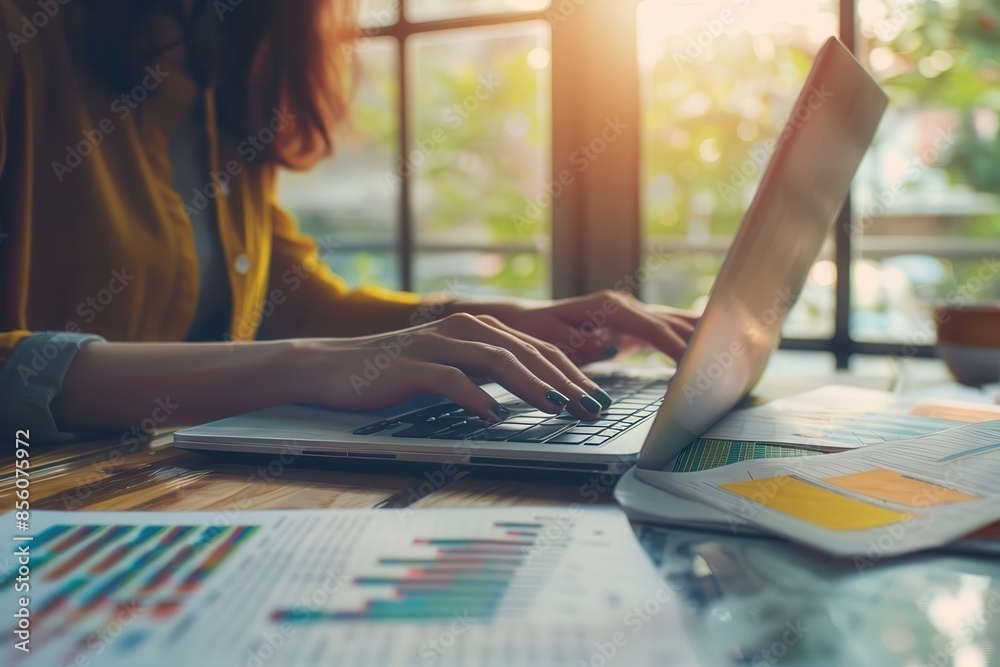 Accountant using a laptop close up, focus on, copy space Bright and cheerful colors Double exposure silhouette with financial charts Accountant using a laptop close up, focus on, copy space Bright and cheerful colors Double exposure silhouette with financial charts