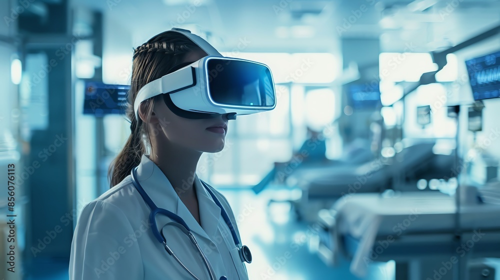 A doctor wearing a virtual reality headset in a modern hospital setting, exploring innovative medical technologies for patient care. A doctor wearing a virtual reality headset in a modern hospital setting, exploring innovative medical technologies for patient care.