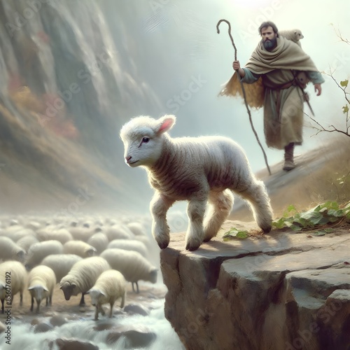 A young lamb stands dangerously close on the edge rocky cliff with a shepherd to the rescue