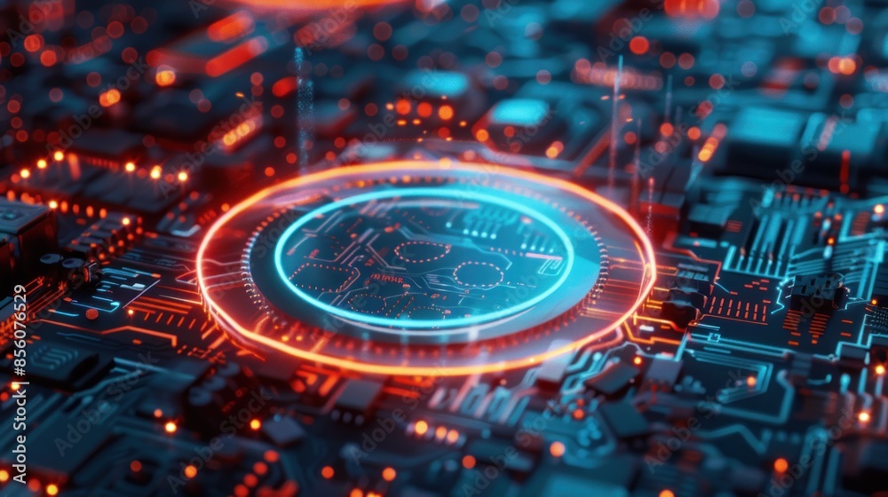 Futuristic computer chip with central glowing lights. generative AI image Futuristic computer chip with central glowing lights. generative AI image