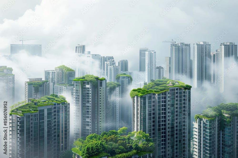 Obraz premium Aerial view of modern skyscrapers with green rooftop gardens surrounded by clouds, showcasing urban sustainability and eco-friendly architecture.