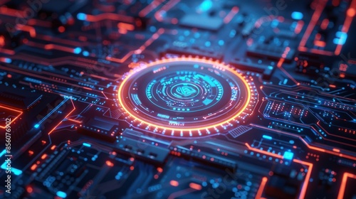 Futuristic computer chip with central glowing lights. generative AI image