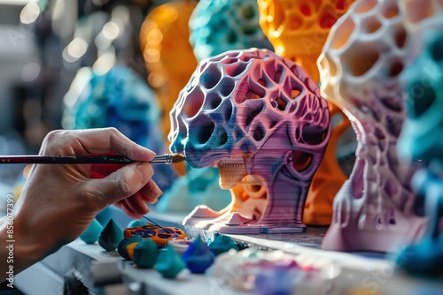 Close-up of vibrant, colorful 3D printed objects being painted by hand in an artistic studio setting. photo