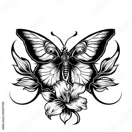 A black and white drawing of a butterfly with a flower in the background. The butterfly is the main focus of the image, and the flower is a smaller detail that adds to the overall composition