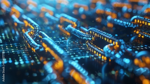 Futuristic blockchain technology concept with digital chain links and glowing data network connections, representing secure data exchange.
