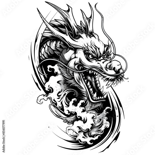 A black and white drawing of a dragon with a menacing look on its face. The dragon is surrounded by smoke and has a long, sharp tongue. Scene is dark and ominous