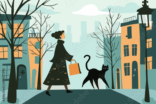 An illustrated scene of a woman walking with a black cat in an urban setting, featuring stylized buildings and trees.