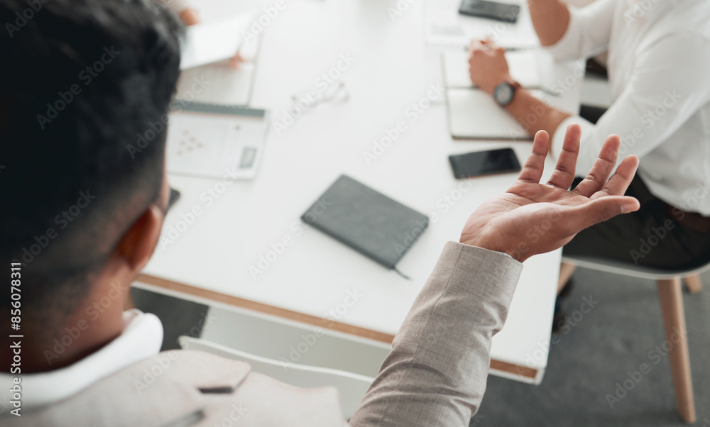 Fototapeta premium Business man, meeting and manager hand with discussion, collaboration and teamwork in office. Back, mentor and seminar with speaker and presentation for corporate law firm and attorney group at table