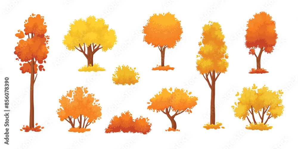 Obraz premium Colorful autumn trees. Cartoon yellow orange fall tree and autumnal garden bush icon with fall season gold leaves for city park and forest landscape background vector isolated symbol set