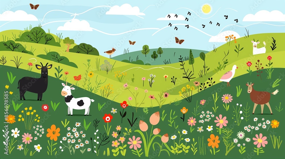 Naklejka premium Animals on green meadow hill, vector illustration