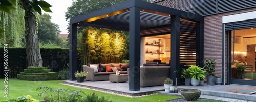 Bioclimatic pergola with adjustable aluminum louvres and integrated LED illumination, louvres, aluminum, bioclimatic, adjustable, light